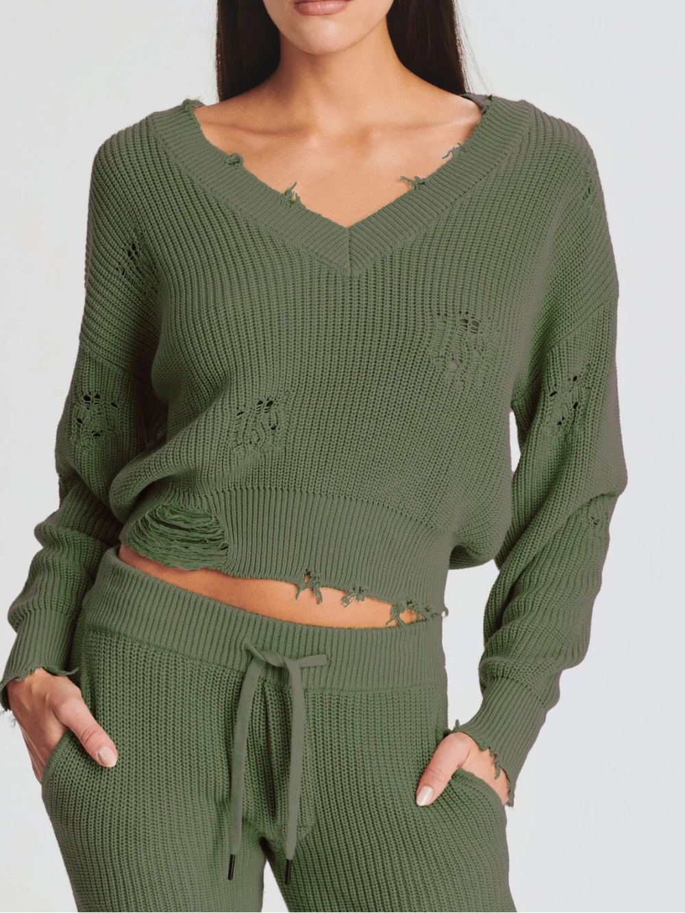SER.O.YA Syd Distressed Cotton V-Neck Sweater in Oilve XS